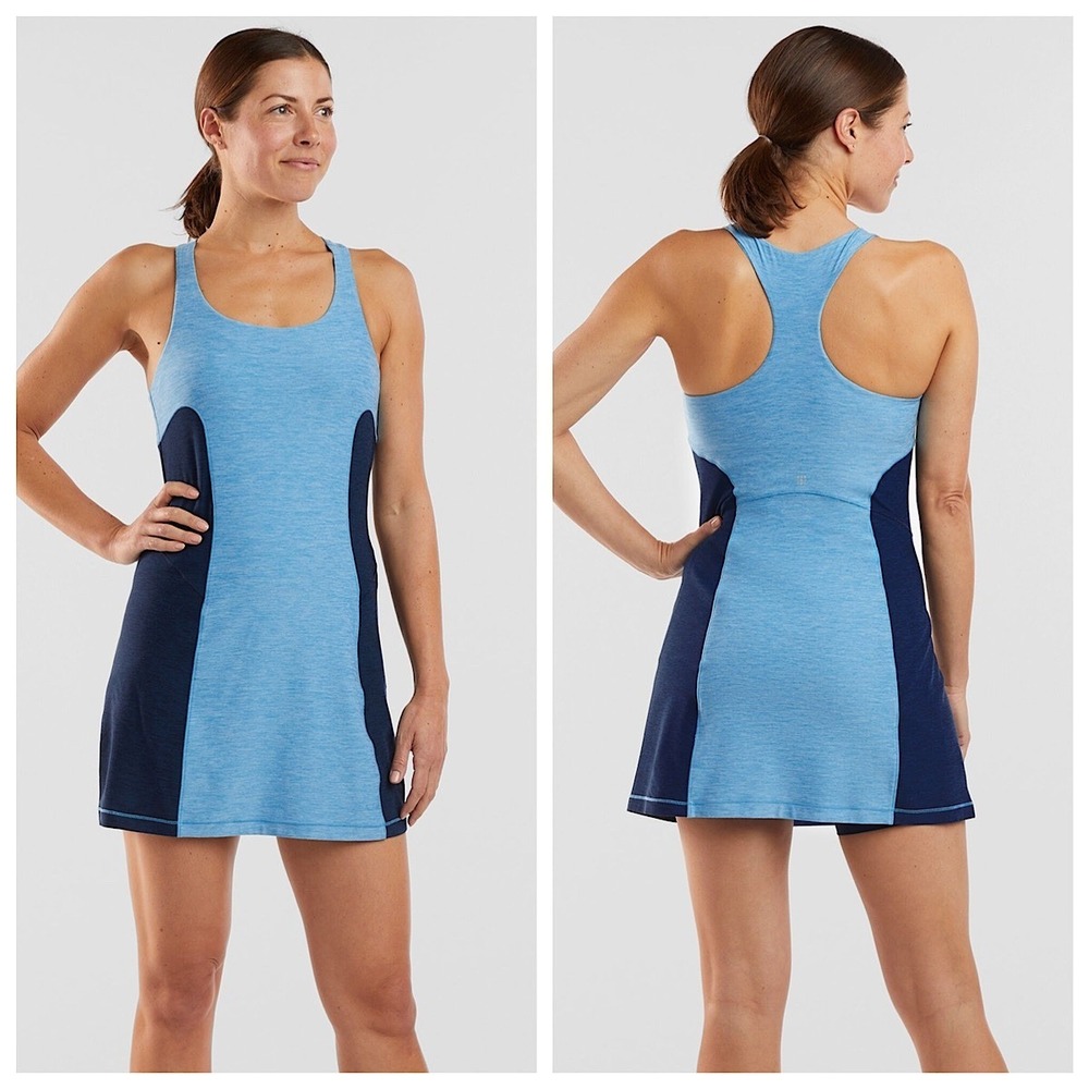 Title Nine Double Down Athletic Dress Womens Sz L Blue Racerback Built-in Shorts
